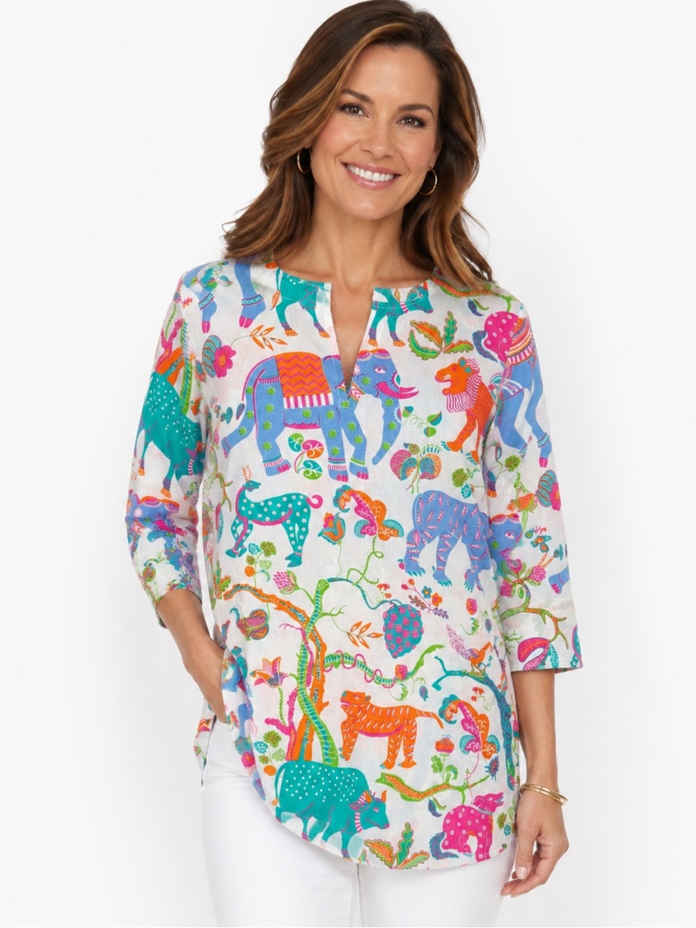 NWOT- Gretchen Scott Multicolor Animal Print Split-Neck Tunic Top. S